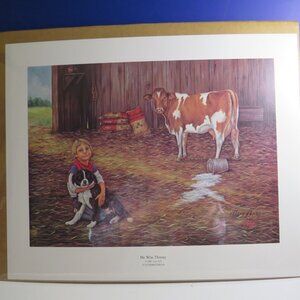 Sue Gill Signed & Numbered w brass name plate Print Farmhouse Cow Boy Dog Barn